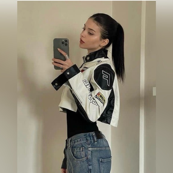 Aelfric Eden Womens Leather Jacket Cropped Motorcycle Biker Bomber Racing Jacket - Picture 3 of 10